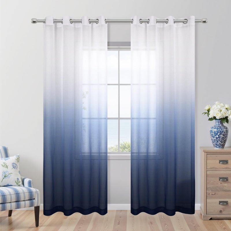 KOUFALL Navy Blue Curtains 84 Inch Length 2 Panels Set,Print Sheer Nautical Ombre White and Dark Blue Pattern Curtains for Boys Bedroom Living Room - Image 1